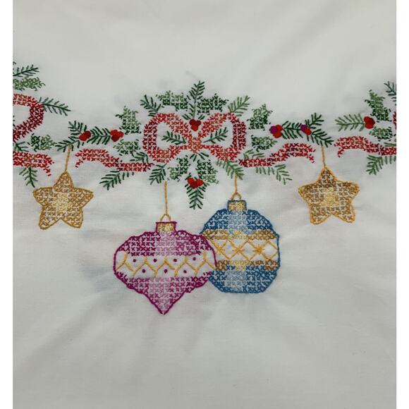 Vintage Bucilla Cross Stitch Christmas Baubles 60” x 104” Completed Tablecloth - Picture 6 of 11